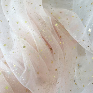 1 yard Flesh pink tulle gold star sequin bridal veil lace fabric , bridal gown wedding dress fabric