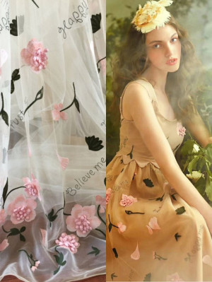 1 Yard Beautiful 3D Flower Blossom Fabric Beige Soft Tulle Lace Fabric for Wedding Gowns, Summer Dress, Boho Wedding Dress
