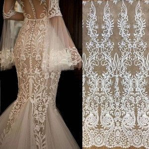 1 yard Exquisite Clear Sequin Embroidered Bridal Lace Fabric for Haute Couture Bridal Gown Wedding Dress Prom Dress