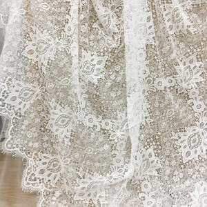 3 Meters Quality Off White French Chantilly Stripe Grid Eyelash Lace Fabric, Soft Flowy Floral Embroidery Bridal Cape Shrug Fabric Lace