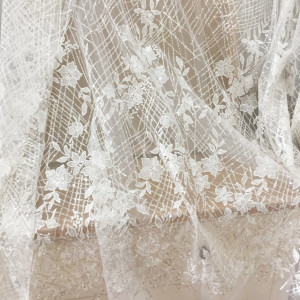 Off white Floral Couture lace fabric with grid geometric design, heavy clear sequin fabric by yard 130 cm wide