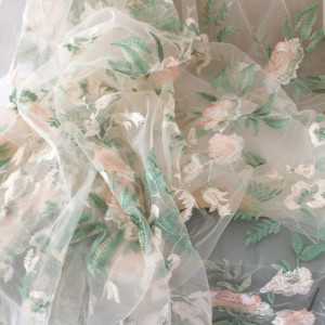 Floral Embroidery Tulle Lace Fabric with Light Green Peach Leaf Pattern ,Champagne Tulle Bridal Baby Dress Lace Fabric