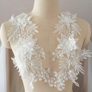 3D Flower Clear Sequin Bridal Lace Applique, Venice Applique Pair for Wedding, Bridal Hair Flowers, Bridal Sash
