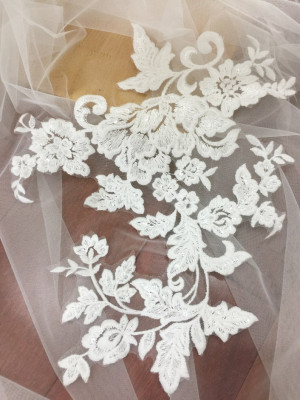 TRANSLUCENT Sequin Cottom Embroidery Lace Applique Pair in Off White, Mesh Bridal Applique Pair