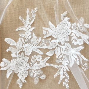 Delicate Cotton Thread clear sequin bridal gown lace applique pair , floral embroidery lace pacth motif