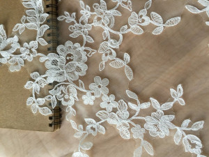 ivory cotton alencon lace applique, bridal veil wedding gown applique, floral embroidery applique