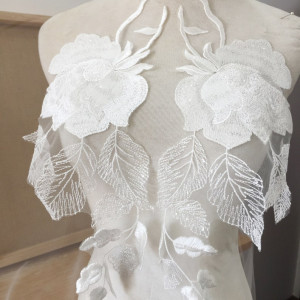 Flower Lace Applique for Wedding Dress, Light Ivory, Sequin Lace Applique, Unique Mirrored Pair, Soft Shine Lace Applique Bridal