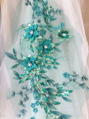 13 colors Delicate 3D Rhinestone Beaded Flower Lace Applique in Green ,3D Flowers Lace Fabric wedding dress stage clothing evening