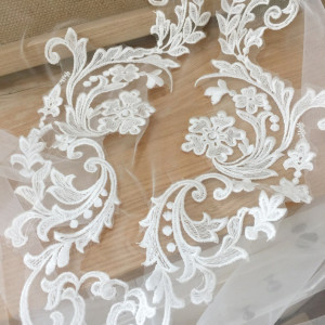 Quality dense embroidery lace applique in off white, bridal veil wedding dress bodice applique patch