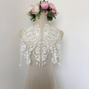 Luxury Sequined Alencon Lace Applique in Ivory, Bridal Gown Wedding Dress Lace Back Bodice Hem Train