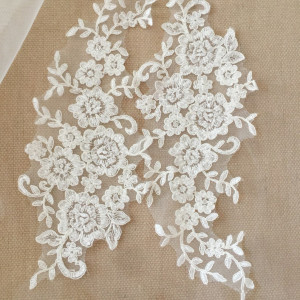 3D Beaded Alencon Lace Applique Pair in Ivory for Wedding , Veils, Bridal Hair Accessories