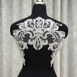 1 pcs Exquisite Beaded bridal bodice lace applique with silver thread , wedding gown back applique lace