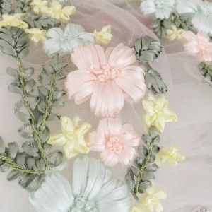 3D Silk Ribbon Embroidery Lace Applique in Pastel , Leaf Flower Wedding Veil Dance Costumes Motif