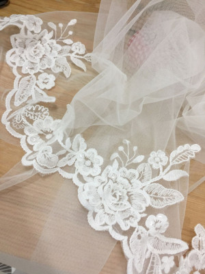 Fine Cotton Mesh Embroidery Lace Trim with Clear Sequins , Bridal Veil Leaf Lace Trim