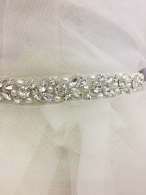 Thin rhinestone and pearl beaded trim for wedding belt, bridal sash, wedding gown straps ,bridesmaids belt,rhinestone hairband