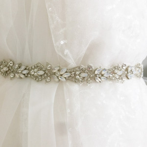 Luxury Thin Opal Silver Embroidered Rhinestone Beaded Trim for Bridal Belt Wedding Dress Sash