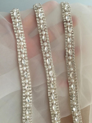 1 yard Thin rhinestone and crystal beaded lace trim for wedding belt, bridal sash, wedding gown straps ,bridesmaids belt,rhinestone hairband