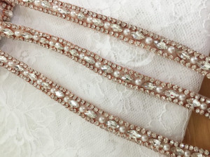 Rose Gold Thin rhinestone Pearl Beaded Trim for wedding belt, bridal sash, wedding gown straps ,bridesmaids belt,rhinestone headband