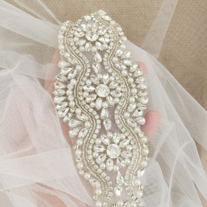 Rhinestone Applique with Pearls , Beaded Bridal Applique for Wedding Sash Bridal Belt