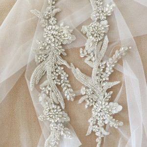 Delicate Leaf Rhinestone Applique Pair Crystal Beaded Bridal Gown Bodice Cape Couture Crystal Applique
