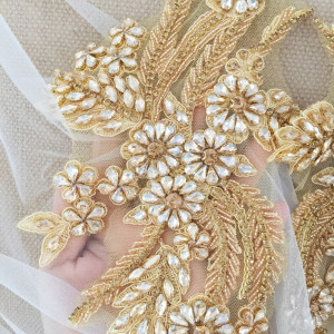 Yellow Gold Rhinestone Beaded Lace Applique Pair , Wedding Gown Bridal Dress Emebllishment Accessories ,Crystal Beaded Birdal Applique