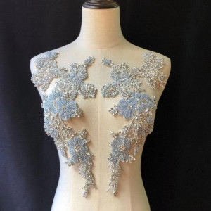 Delicate Flower Rhinestone Applique Pair Crystal Beaded Bridal Gown Bodice Cape Couture Crystal Applique
