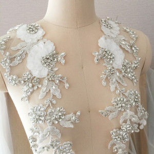 1 Pair Delicate Shell Rhinestone Applique Pair Beaded Bridal Gown Bodice Cape Couture Crystal Applique