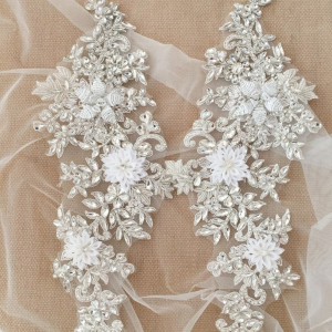 1 PAIR Delicate 3D Flower Phoenix Rhinestone Applique Pair Crystal Beaded Bridal Gown Bodice Cape Couture Crystal Applique