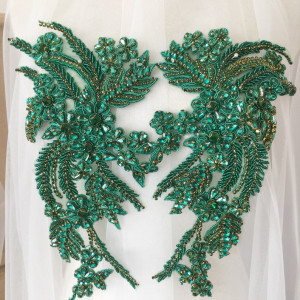 Emerald Green Rhinestone Beaded Lace Applique Pair , Wedding Gown Bridal Dress Embellishment Accessories ,Crystal Beaded Bridal Applique
