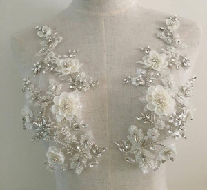 Exquisite 3D Rhinestone Beaded Bridal Lace Applique for Wedding Sash Bridal Hair Flower Boutique