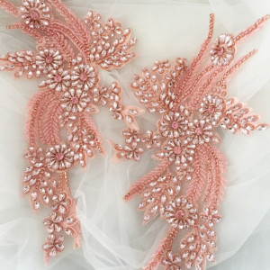 Baby Pink Rhinestone Beaded Lace Applique Pair , Wedding Gown Bridal Dress Emebllishment Accessories ,Crystal Beaded Birdal Applique