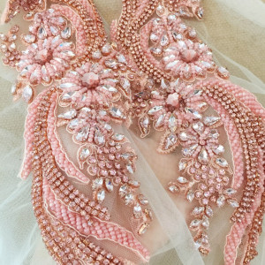 Pink Delicate Phoenix Rhinestone Applique Pair Crystal Beaded Bridal Gown Bodice Cape Couture Crystal Applique