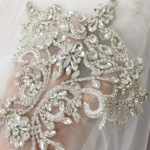 Rhinestone Crystal appliques, tulle crystal beading lace collar with Lace Backingfor Wedding Dresses Belt Bridal Cover up 15x20cm