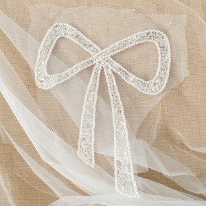 3 Pieces Lovely 3D Sequin Pearl Beaded Bow Lace Applique with Iron on Back, Bridal Sash Prom Dress Veil Applique