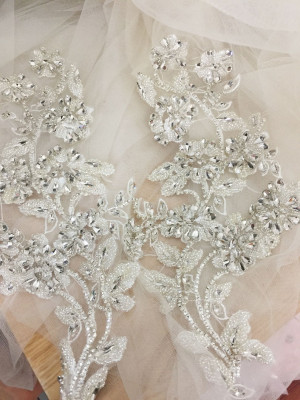 Super Luxury Rhinestone Beaded Lace Applique Pair , Wedding Gown Bridal Dress Emebllishment Accessories ,Crystal Beaded Birdal