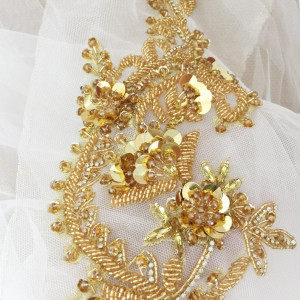 3D Handmade Beaded Gold Lace Applique , Heavy Sequin Sew On Tulle Couture Dance Costumes Supply