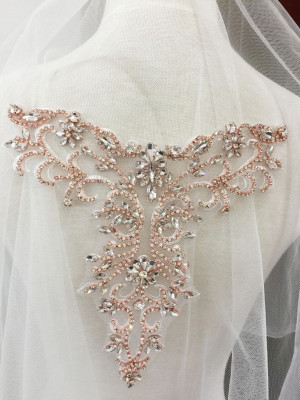 Rose Gold Delicate rhinestone applique collar, beaded diamante applique , wedding sash bridal belt applique